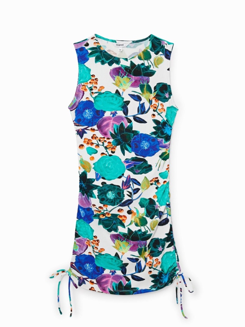 Desigual Floral Ribbed Knit Sleeveless Mini Dress S Side Ruching Bodycon Stretch - Picture 5 of 15